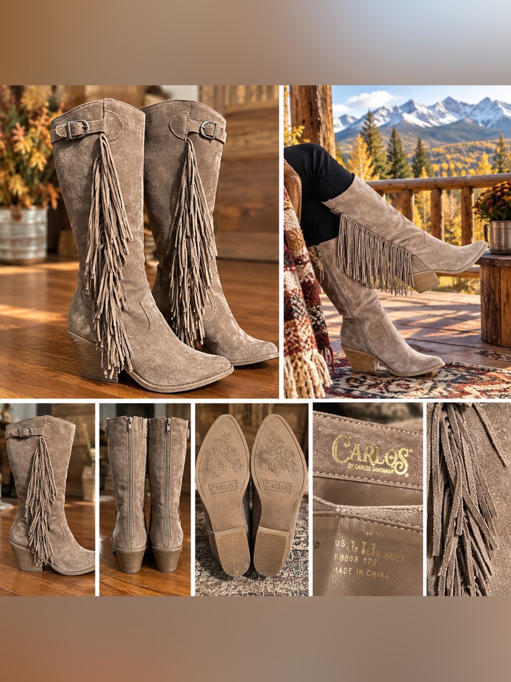 Carlos by Carlos Santana Taupe Fringe Suede Mid-Calf Heeled Boots